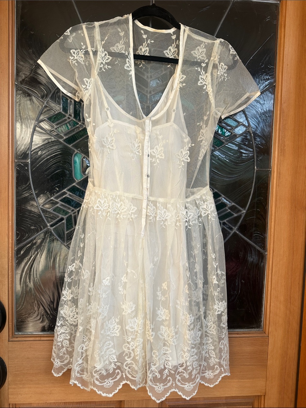 Sheer Ivory Lace Short Dress with Floral Embroidery